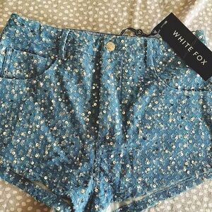 White Fox Boutique Blue Floral Jean Shorts